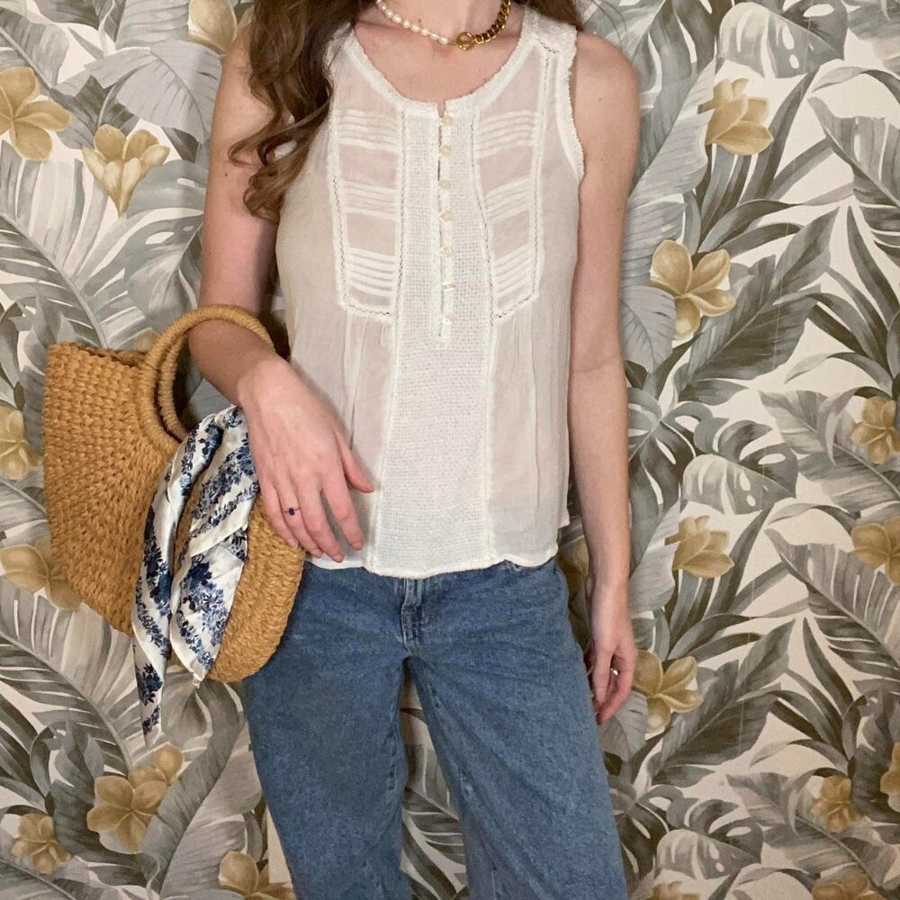 White Boho Textured Tank - Lucky Brand - XS